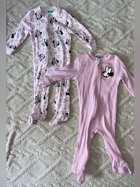 Disney Baby 6-9M Minnie Mouse Pajamas - Long Sleeve Zip Up One Pieces, Lot Of 2